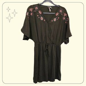 Knox Rose Olive Green Dress with Pink Floral Embroidery